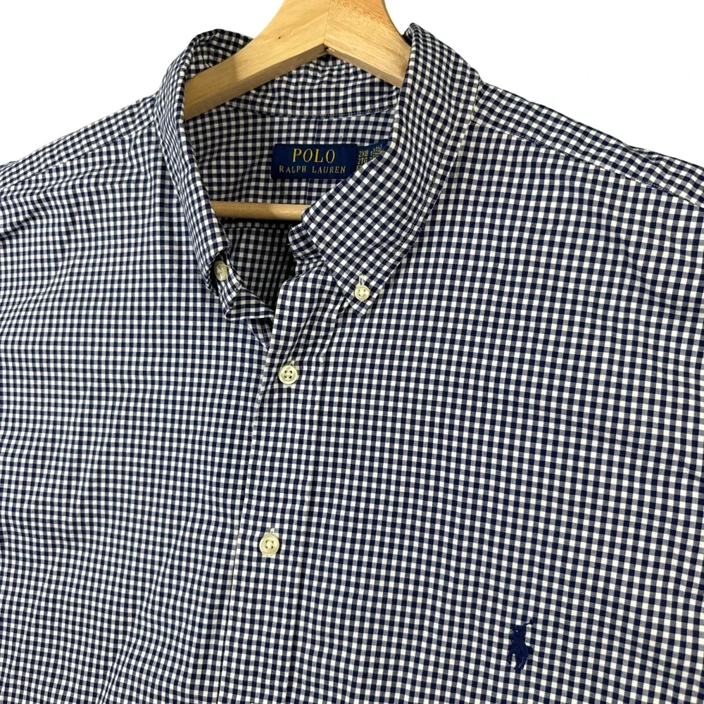Polo Ralph Lauren Mens 2XB Navy Blue White Gingham Check Stretch Long Slv Shirt
